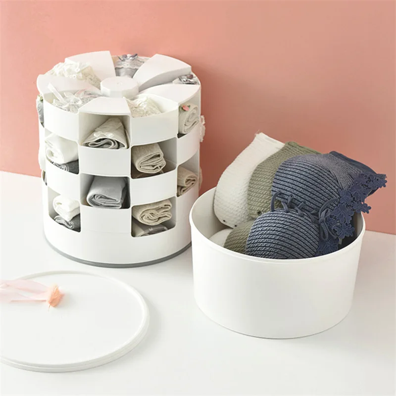 

Bra Underwear Sock Compartment Rotating Storage Box Plastic Case For Cosmetics Jewelry Creative Partition Desktop Shelf