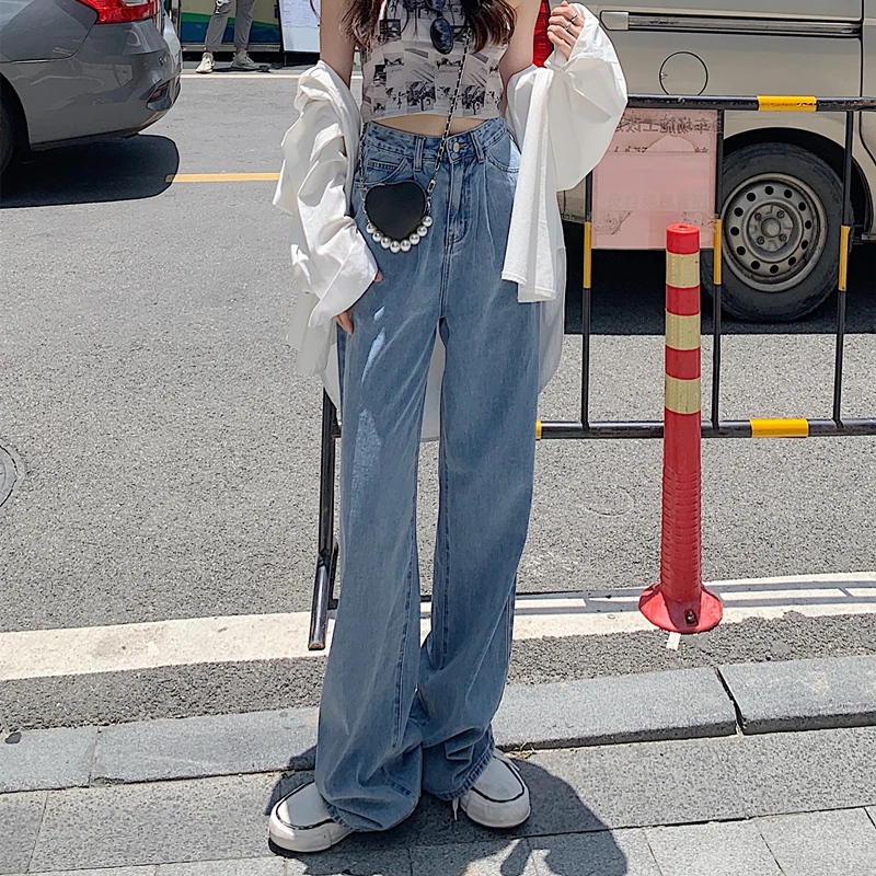 

Women's Jeans High Waist New 2021 Summer Streetwear Korean Fashion Baggy Wide Leg Trouser Blue Casual Mom Straight Denim Pants