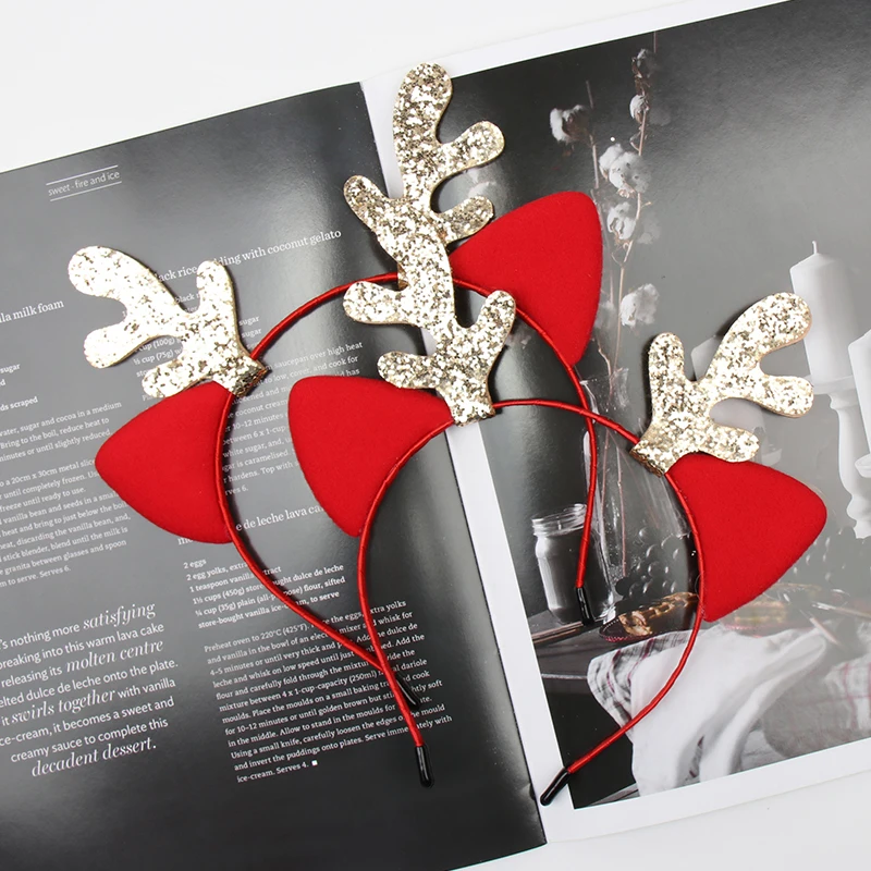 CN блестящая Новогодняя повязка на голову для девочек детские милые красные уши