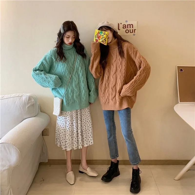 

Women Turtleneck Sweaters Solid Winter Twist Trendy Korean Style Loose All-match Tender Soft Knitted Wear Student Pullover-Tops