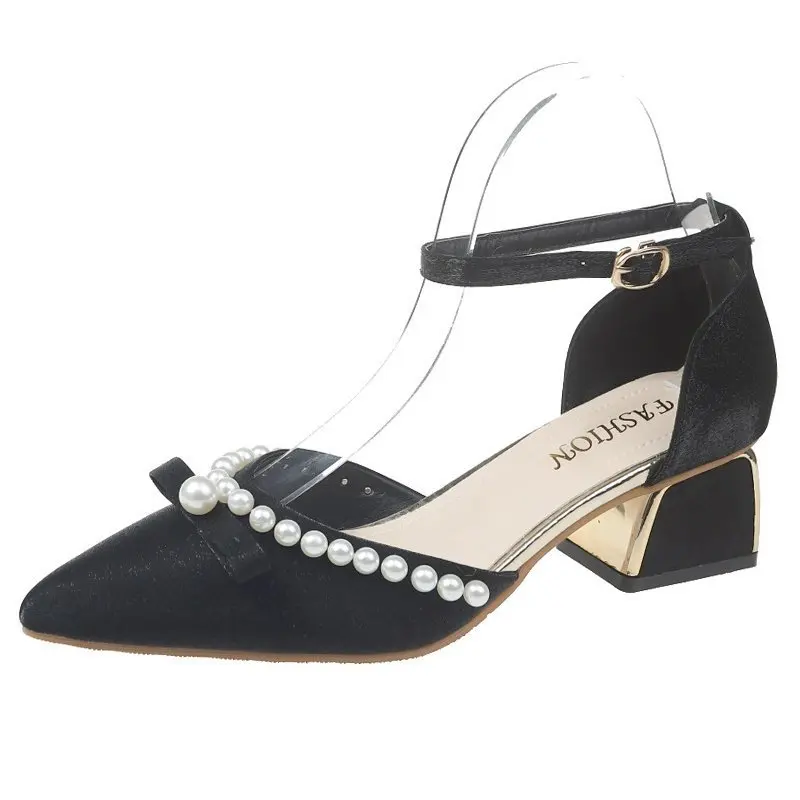 

Low Sandals Woman Leather 2021 Summer Female Shoe Clear Heels Shallow Mouth Low-heeled Girls Pointed Beige Spring Pearl Comfort