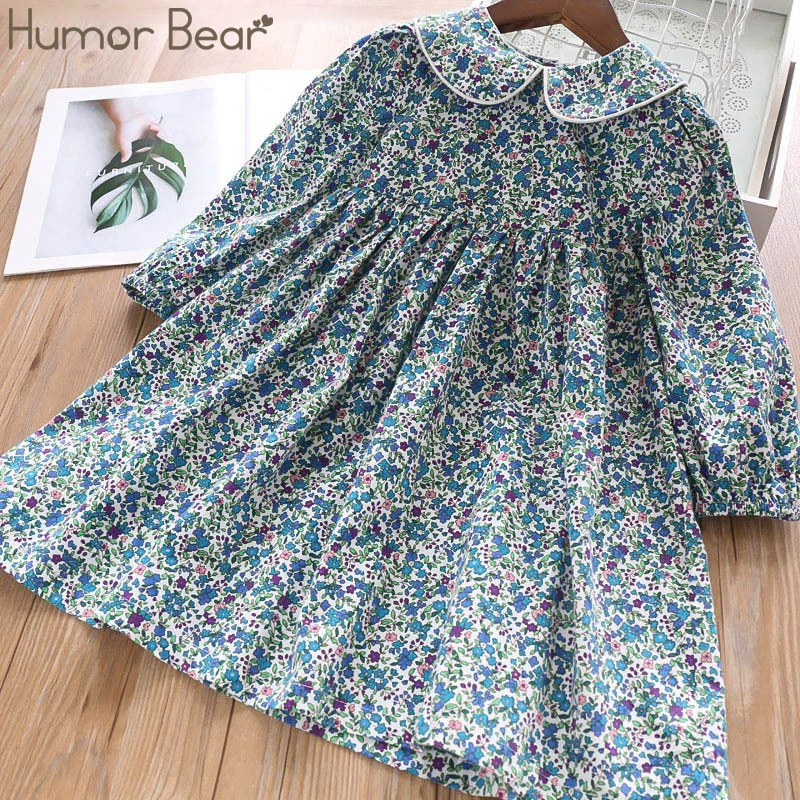 Humor Bear Girls Floral Dress  NEW Baby Girls Dress Party College Style Lapel Princess Dress Fashion Kids Children Clothing