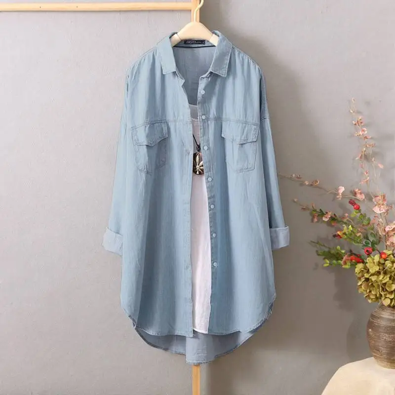 Light Blue Женская блузка ZANZEA элегантная джинсовая синяя рубашка с длинными рукавами Асимметричная Blusas Женская металлическая кнопка с лацканами Топ Туника большого размера - Цвет: Light Blue