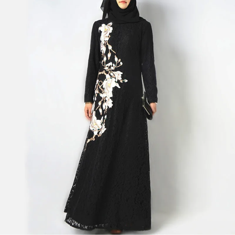 

New Long Sleeve muslim dress Abaya Turkish Kimono hijab dress Women Embroidery Patchwork Mesh Lace kaftan arabic dress