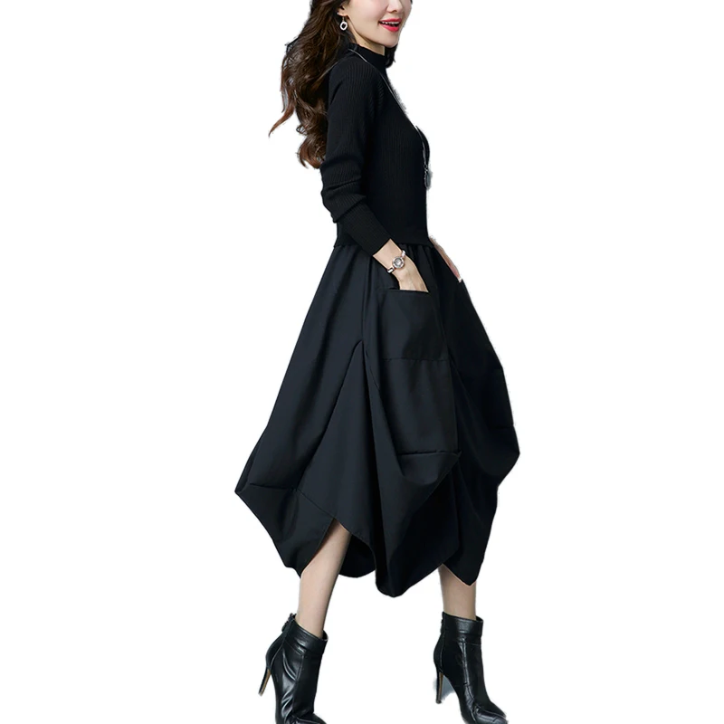 

New Autumn Winter Women Knitted Cotton Stitchingd Dress Sweater Dresses Lady Slim Bodycon Long Sleeve Big Swing Dress Vestidos