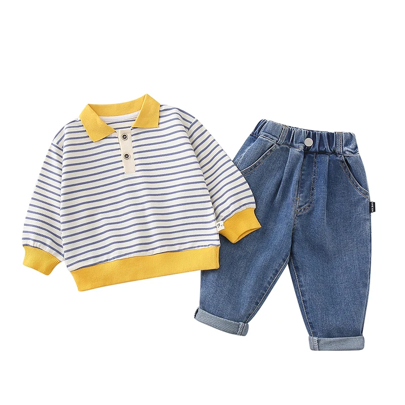 

Fashion New Spring and Autumn Striped Wave Pattern Lapel Jacket Blue Jeans Suit Boys and Girls Clothes 1-5 Years Old