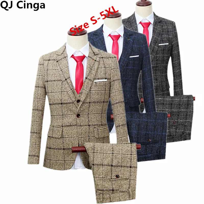 Осенне-зимний новый клетчатый костюм Terno из 3 предметов для мужчин