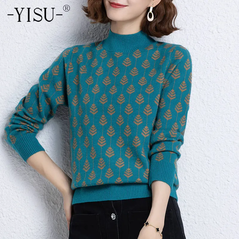 

YISU, осенне-зимний новый свитер, женская одежда с длинным рукавом, полувысокий воротник, женский свободный модный вязаный пуловер, женский дж...