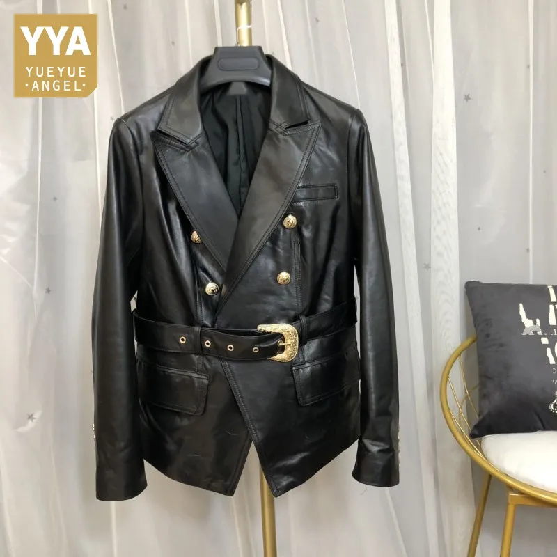 

Double Breasted Womens Genuine Leather Jackets Office Lady Turn-Down Collar Black Elegant Coat 2021 Autumn New Korean Style