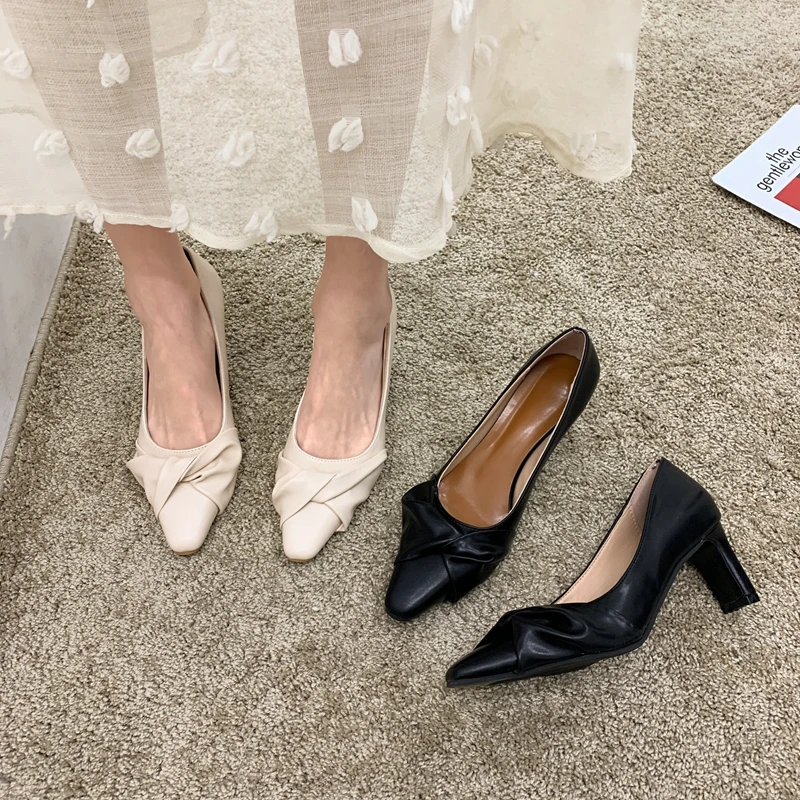 

ELLALEE Charm High Heel Shoes Party Thin Heel PU Women Butterfly-knot Ponted Toe Slip-On EVA Middle Heel Spring Summer Shoes