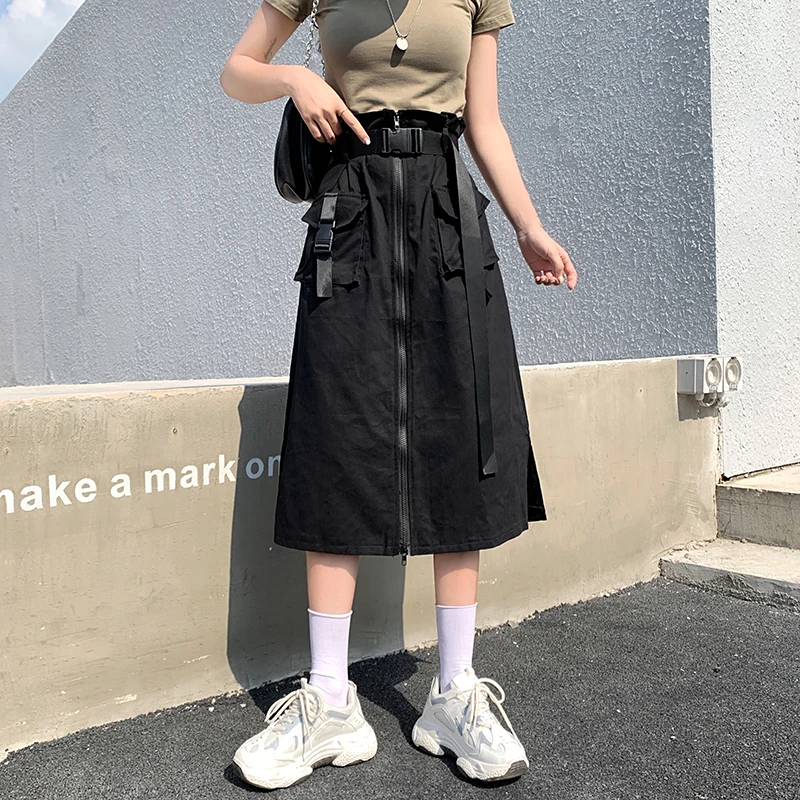 

Korean Autumn Woman Skirts Casual Punk Pocket Belt Ulzzang Long Skirt Dropshipping Vintage Harajuku Black Gothic Hip Hop Clothes