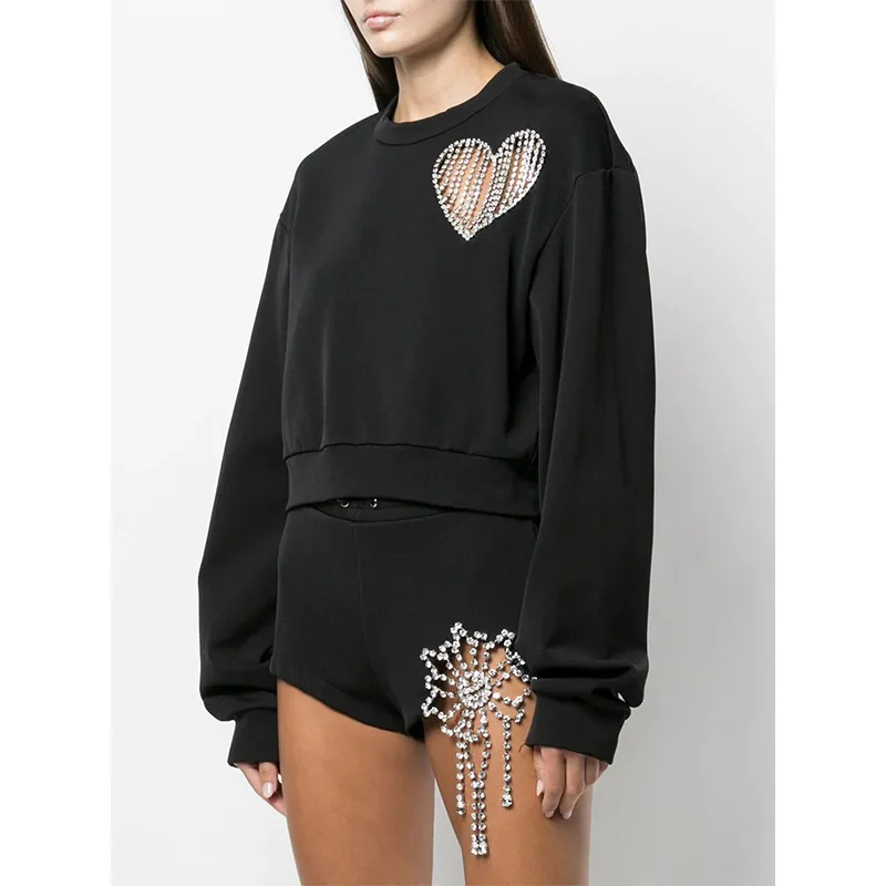 

2021 New Love Hollow Out Diamond Inlaid Hoodies European and American Street Trendsetter Round Neck Short Hoodies