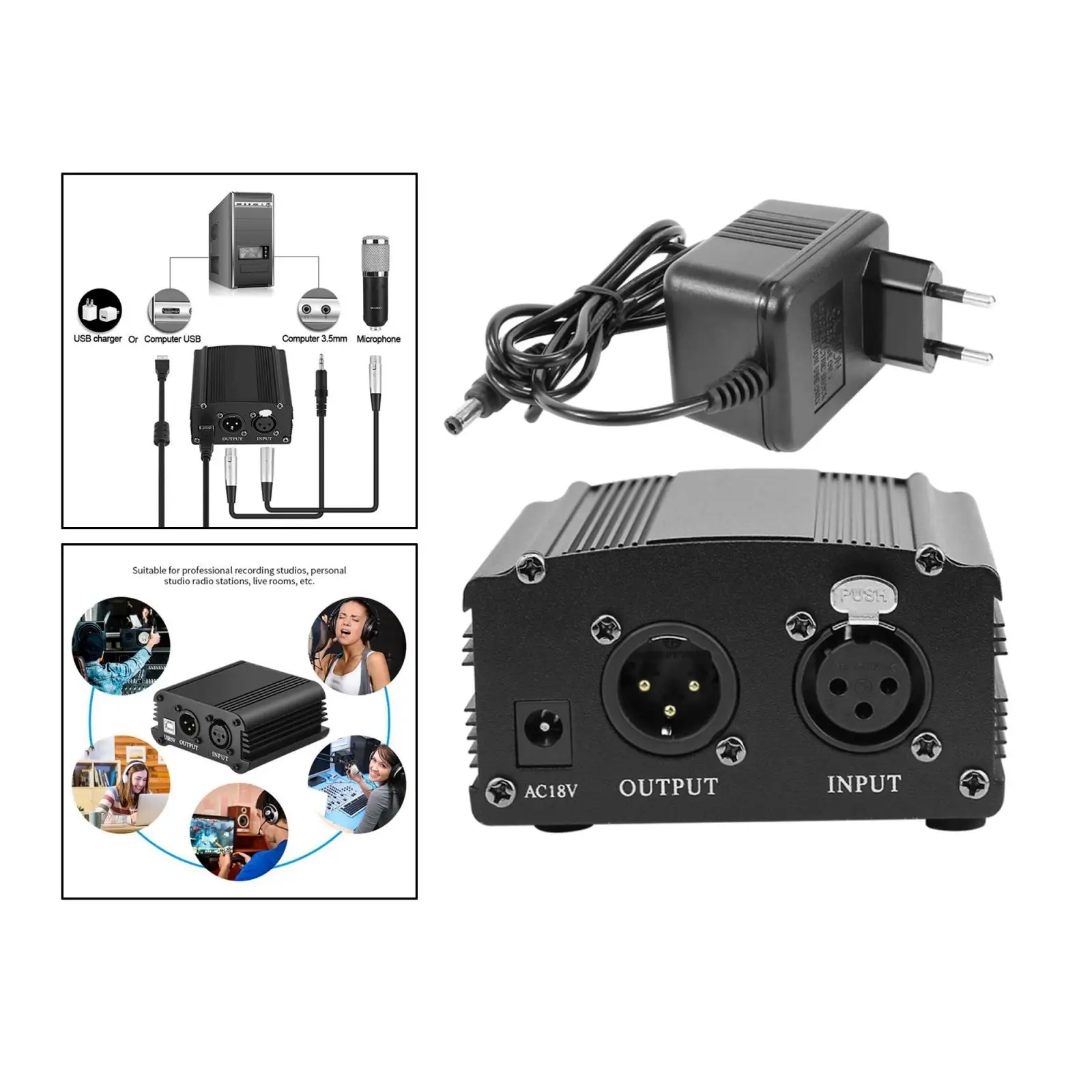 

48V Phantom Power Supply with Charging Cable for Microphone Music Recording