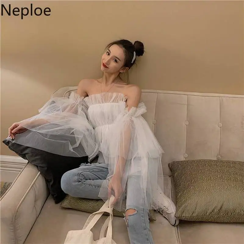 Neploe блузка с открытыми плечами для женщин с открытыми плечами марлевые кружева свитер с рукавами-клеш Блузка Сексуальная рубашка с полосатым принтом на одно плечо мода одежда
