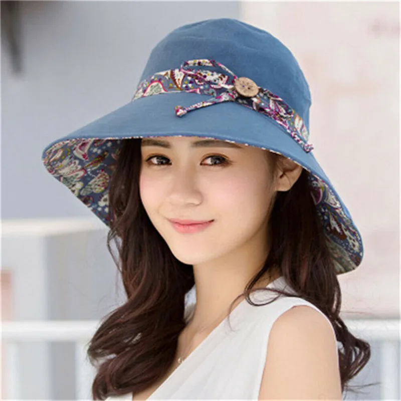 Шляпа Женская хлопковая с широкими полями Пляжная модная Федора принтом для