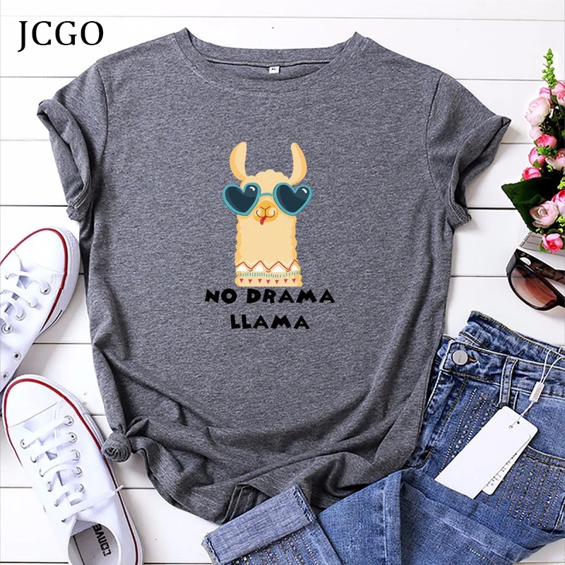 JCGO Summer Women T-Shirt Versatile 5XL Cotton Cute Alpaca Print Female Short Sleeve Tshirts Casual Fashion Tops Basic Tees