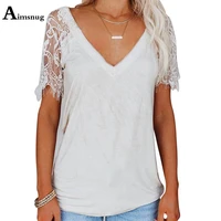 2021 summer new patchwork lace t shirt short sleeve womens tops streetwear v neck casual pullovers pull jersey mujer femme