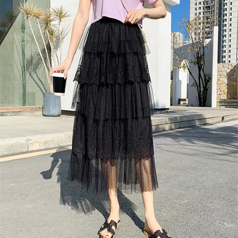 

Limiguyue Faldas Mujer Moda Lace Tulle Skirt Women Solid Summer Long Tutu Skirts Layered Laides Elegant High Waist Elastic K1372