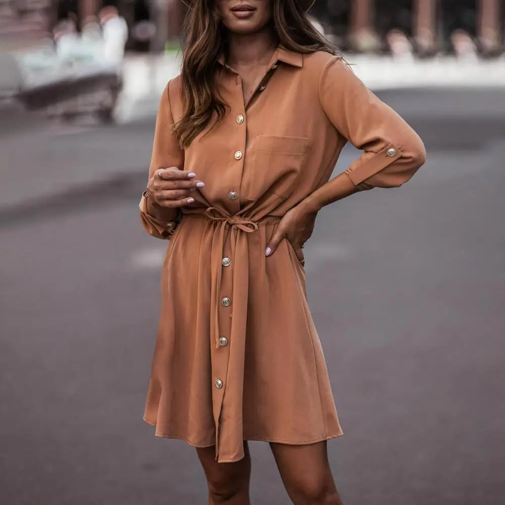 

Женское платье-рубашка с отложным воротником, однотонное Повседневное платье с рукавом три четверти