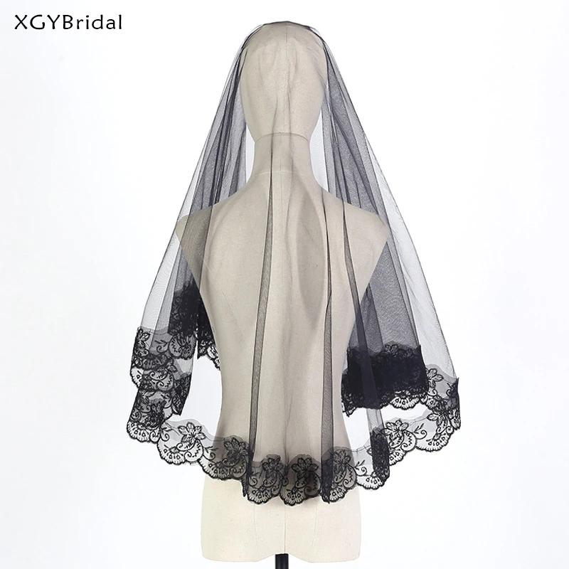 

Short Black Wedding Veils Lace Edge Bridal Veil 1 Meter One Layer Appliqued For Halloween Party Veils Wedding Accessories