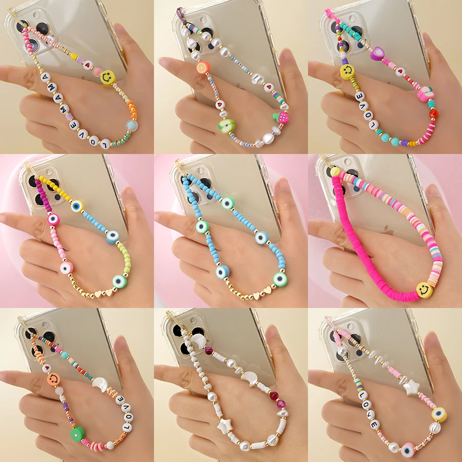 

2023 New Phone Charm Beads Lanyard Mobile Chains Telephone Jewelry For Women Smiley Face Strap Hangs Phone Accessories