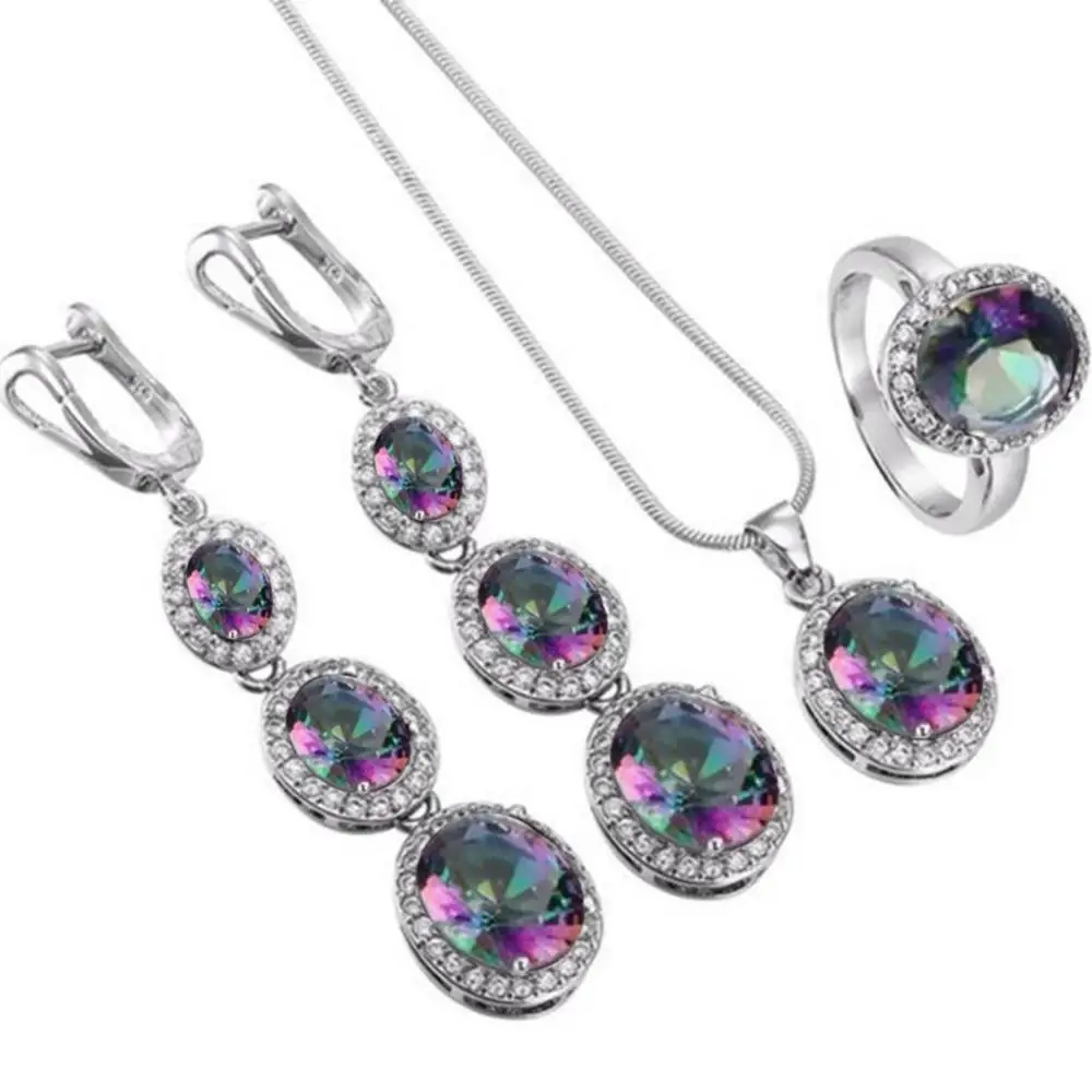 

Hot Sales Elegant Women Round Rhinestone Pendant Chain Necklace Earrings Ring Jewelry Set