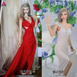 In Stock 1/6 Angel Yan Beauty Girl Female Figure Set with White&Red Dress Girls Sexy Long Dress