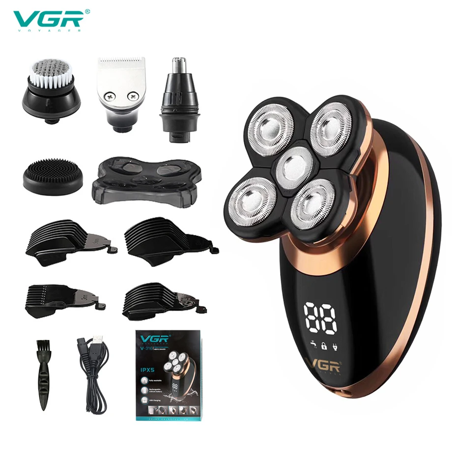 

VGR 5 in 1 USB Rechargeable Hair Clipper Cordless Men's Body Shaver LCD Screen face Grooming kit Nose Hair Trimmer Shave Beard