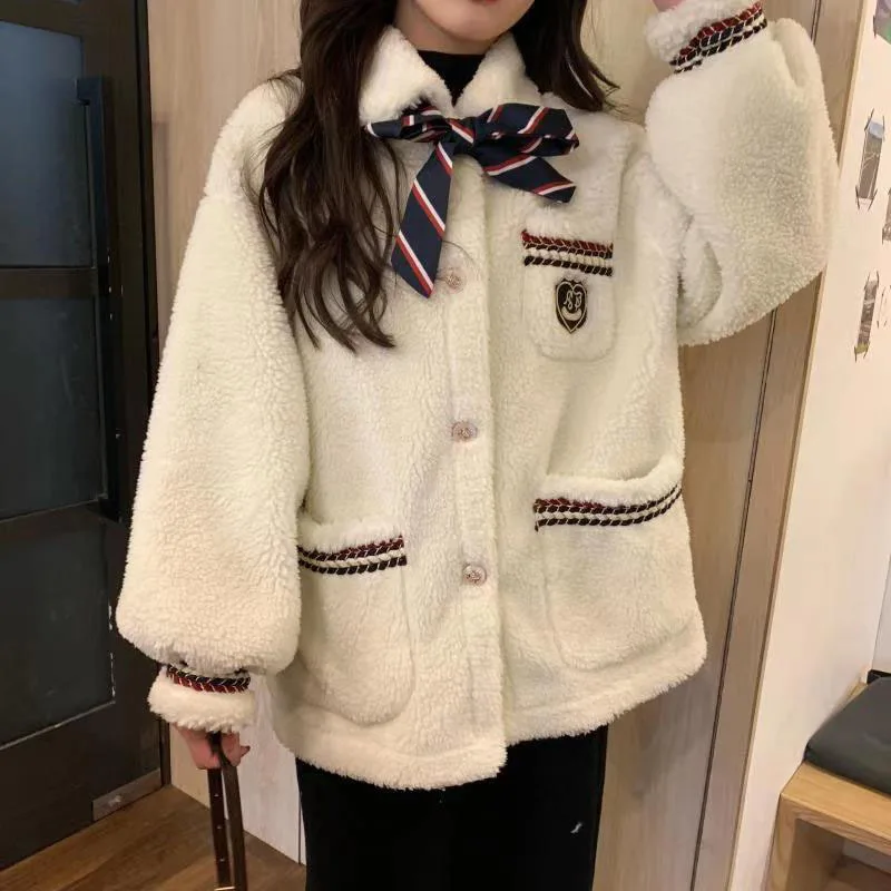 

Women Jackets Winter Coat Turn-down Collar Single Breasted Faux Lamb Wool Female Winter Jackets Warm Thick Plush Fluffy Jacket