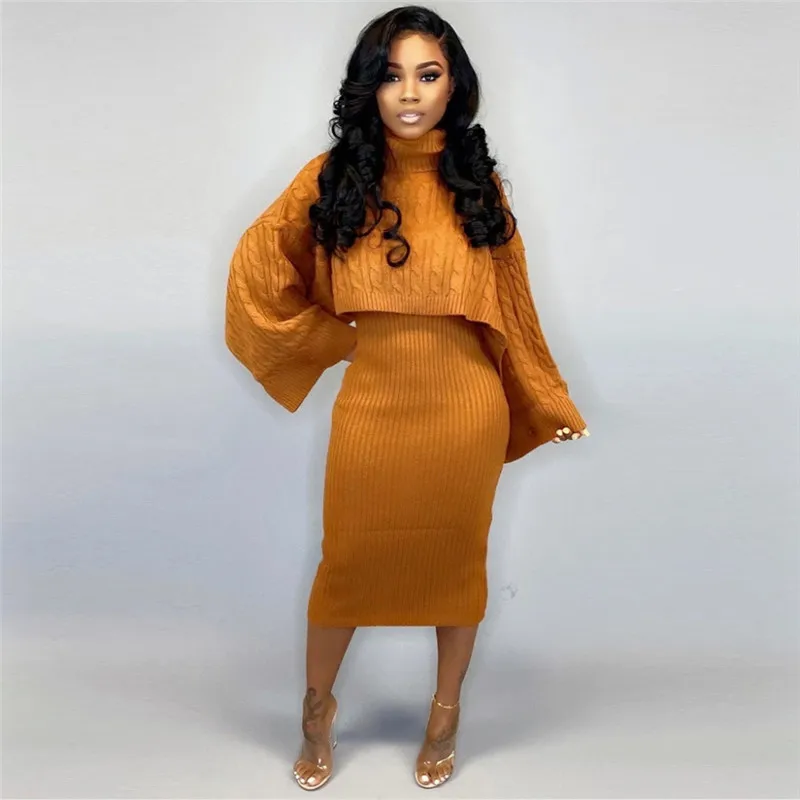 

Autumn Winter Women 2 Piece Set New Hot Sale Midi Dress Turtleneck Top Sweater Matching Set Free Shipping Wholesale Dropshpping
