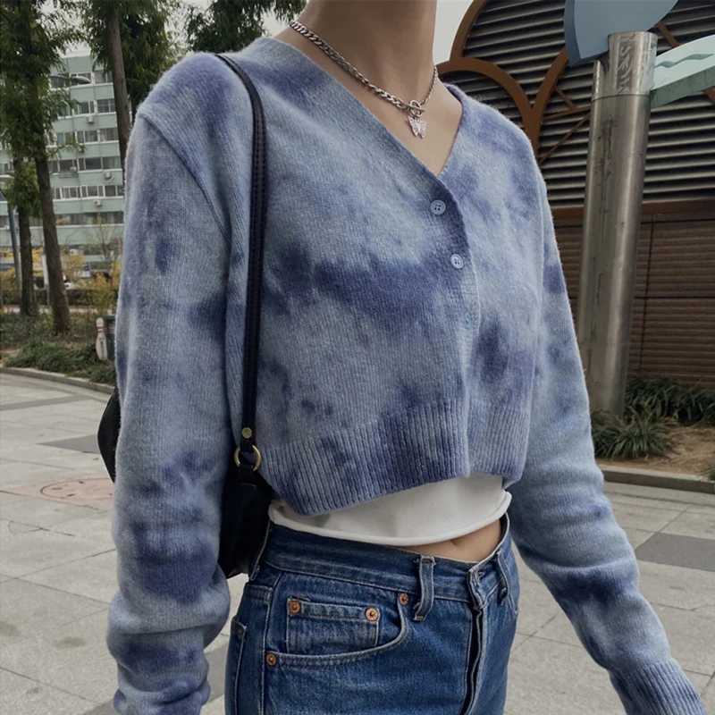 

Autumn Winter Short High Waist Solid Color Sweater Women Single-Tie dye Knit Cardigan Small Sweter Women Jacket New Top Femme