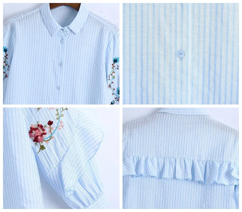 

MosiMolly Embroidery Flower Blouses Shirt Women Ruffle Blouses Button Down Striped Blouses Female Blusas