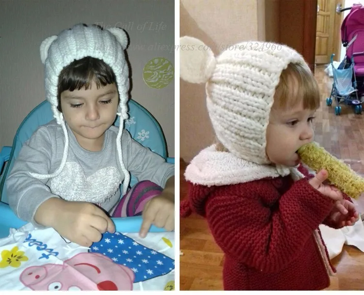 Вязанная зимняя детская шапка с ушками, мультяшная детская шапочка на шнуровке для От 1 до 3 лет, 5 цветов