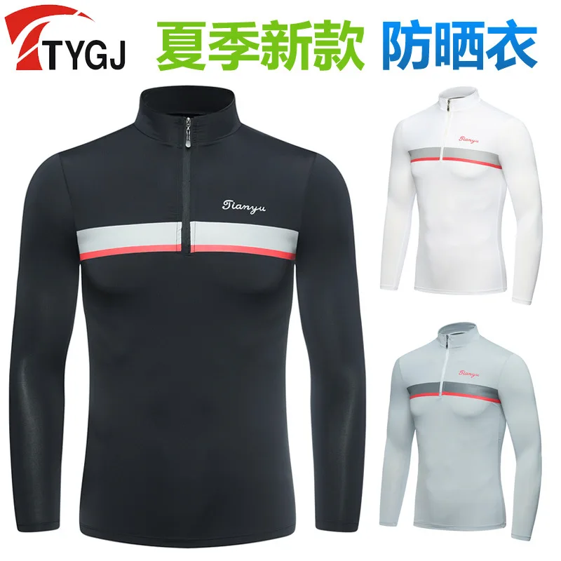 

TTYGJ Golf Clothing Sun Protection Clothing Men's Ice Silk Cooling Bottom Shirt High Collar Zipper Long-sleeved T-shirt
