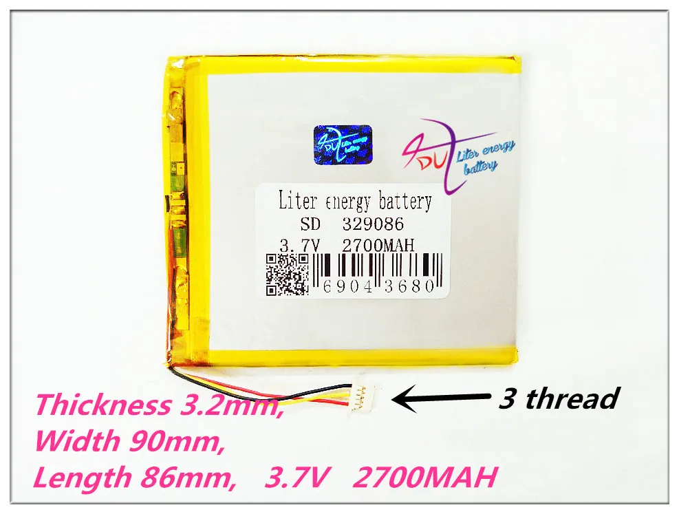 1PCS 3 нити 329086 3,7 V 2700MAH полимерные аккумуляторы для MP4 MP5 gps DVD мобильных видео игр электронные книги 328590 308590 - Цвет: 1PCS