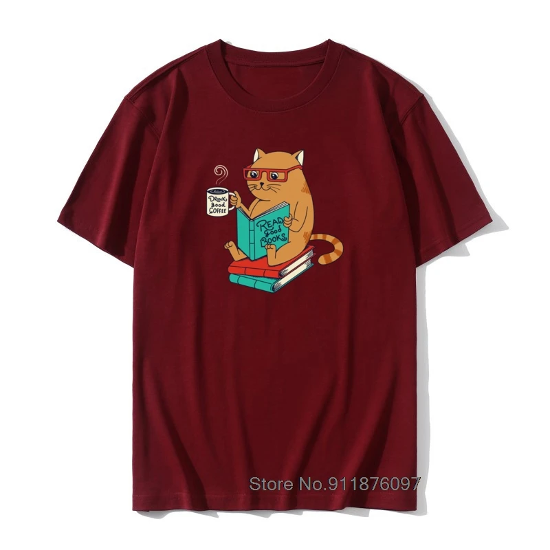 

New Mens Tees Kawaii Kitten Comic T Shirt Slim Fit Cat Coffee Books Funny Retroer Tee Shirts For Student Custom Own Style Tshirt