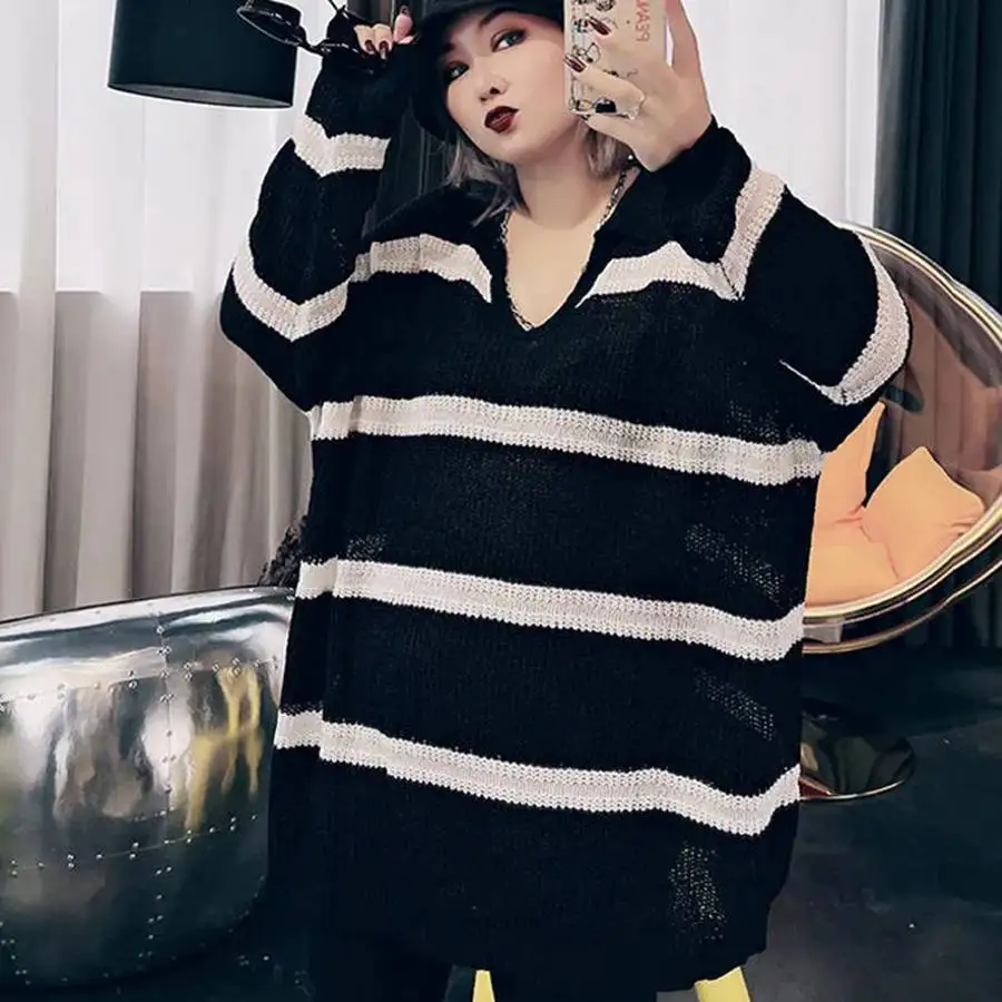 

Size 6XL 140KG Autumn Knitted Sweater Turn Down Neck Long Sleeve Loose Women Striped Sweater Oversized Female Thin Pullovers
