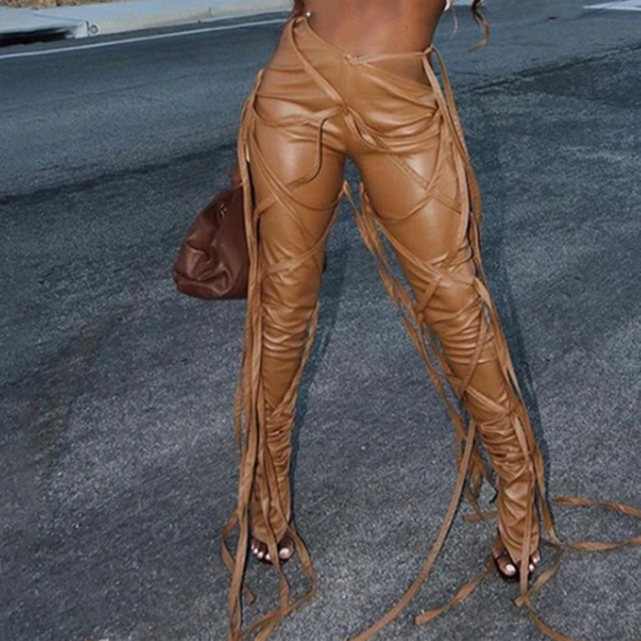 

Женские облегающие брюки-карандаш Sisterlinda, лоскутные Асимметричные Брюки из искусственной кожи с высокой талией, модель Y2K в уличном стиле, ...