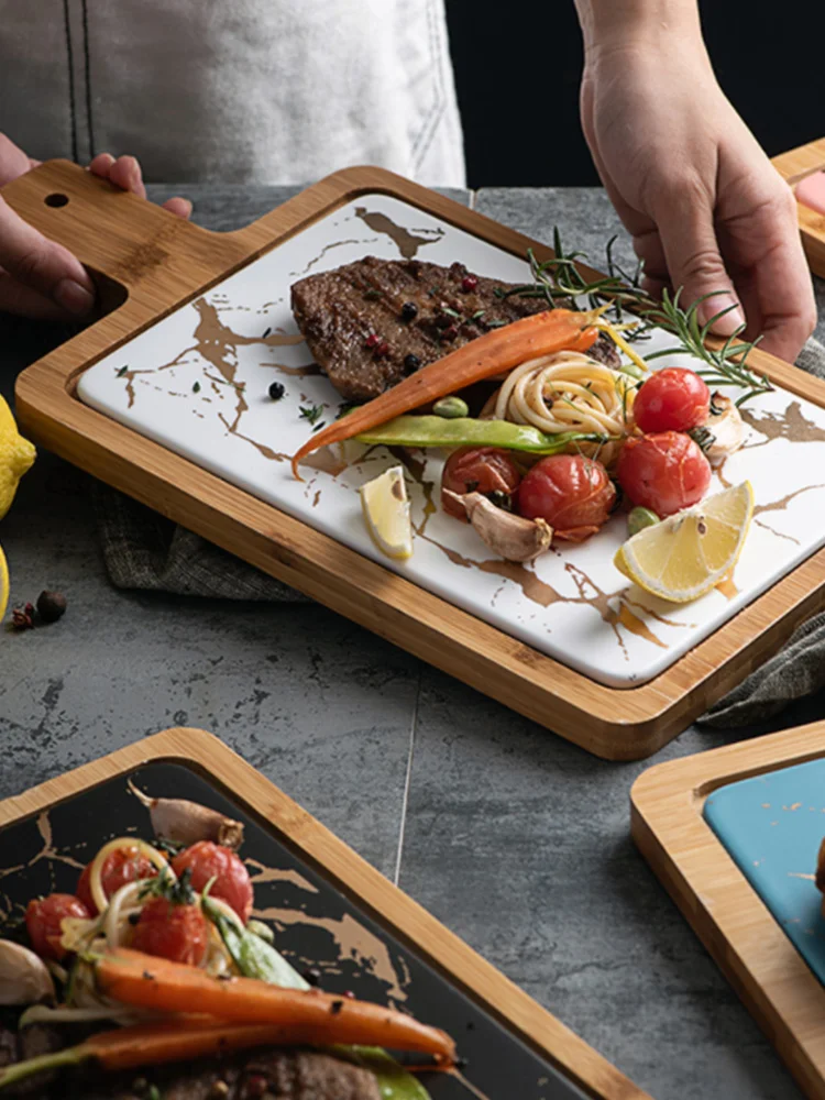 Скандинавская мраморная тарелка для стейка керамическая с текстурным принтом