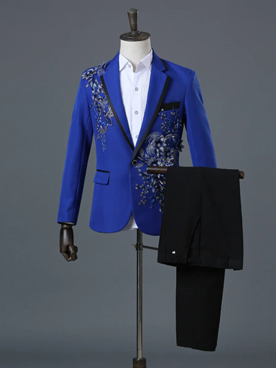 

Мужской костюм Блейзер и брюки с аппликацией, роскошная модная куртка, костюм с воротником, брюки, черный костюм для ночного клуба, костюм дл...