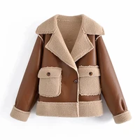 autumn women thick warm vintage patchwork suede lambswool biker jackets coat chic loose faux leather outwear top female overcoat