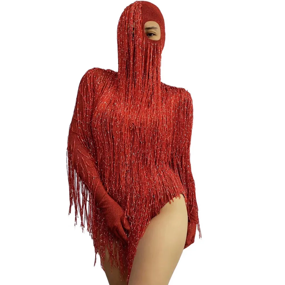 

Shining Crystal Fringes Sknny Elastic Women Bodysuit Long Sleeves Pole Dancing Jumpsuit DJ Singer Performance Stage Wear