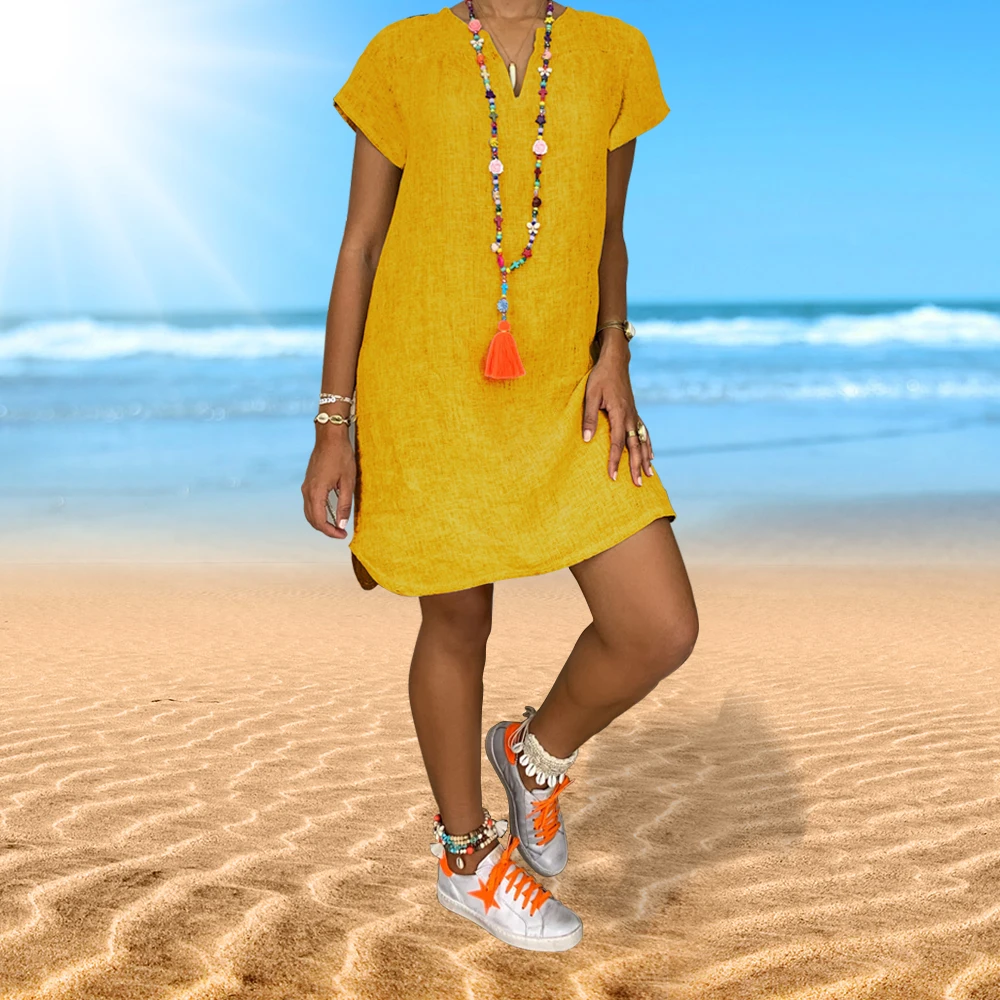 

2021 women's summer beach skirt loose cotton V-neck short sleeve solid color women's simple fashion home dress