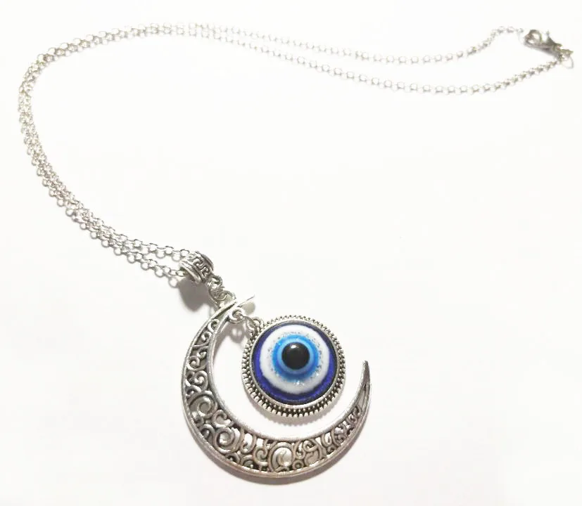 

S206 Turkish Symbol Evil Blue Eyes Hollow Out Moon Pendant Necklace Women Men Nazar Turkey Arabic Islamic Lucky Charm Gift