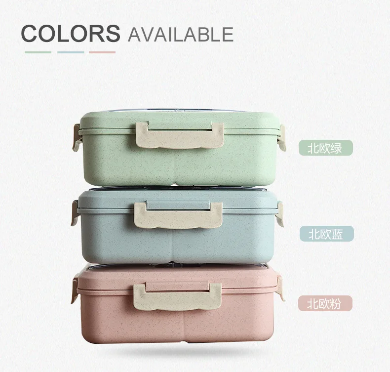 

Microwave Lunch Box Wheat Straw Dinnerware with Spoon Chopsticks Food Storage Container Children Kids School Office Bento Box
