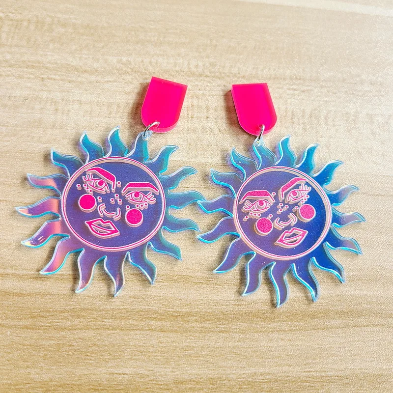 

Cute Laser Sun Face Drop Earrings For Women Creative Geometric Acrylic Dangle Earrings Party
