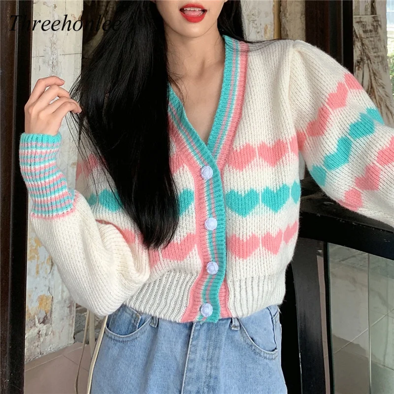 

Autumn Winter Korean Women's Kawaii V-Neck Heart-shaped Jacquard Full Sleeve Sweaters Knitting Pullover Sweater Female