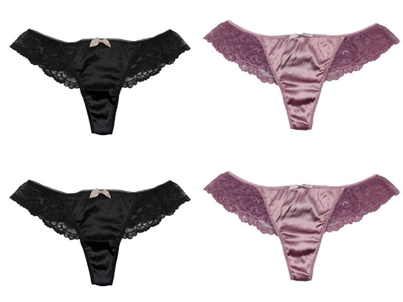 4 Pair Women's Thong 93% Silk 7% Spandex Sexy Lace Panties Size US S M L XL