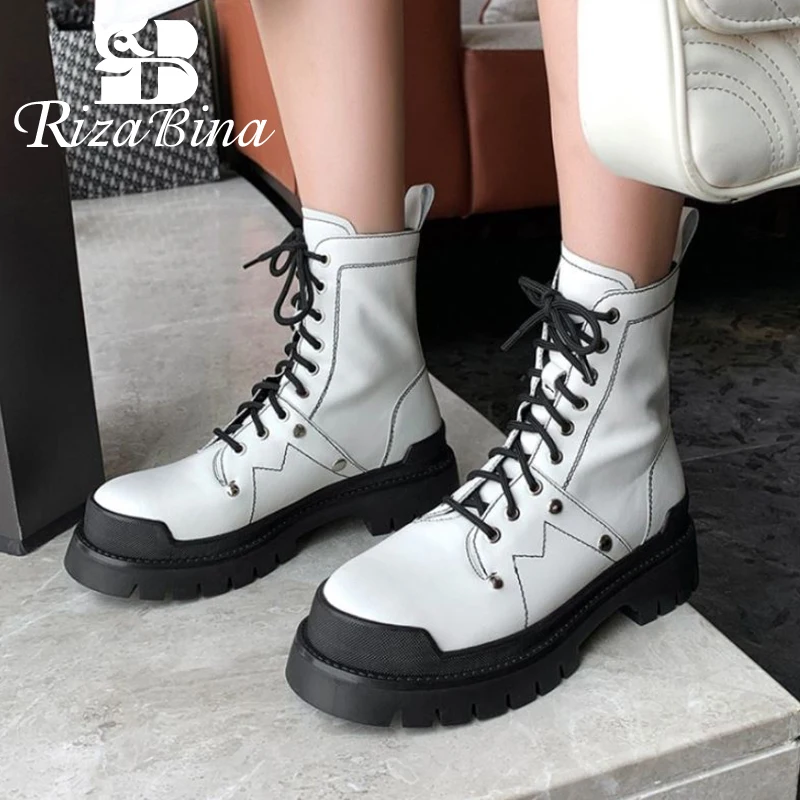 

RIZABINA New Women Real Leather Ankle Boots Round Toe Thick Bottom Cross Strap Rivets Punk Style Ladies Footwear Size 34-39