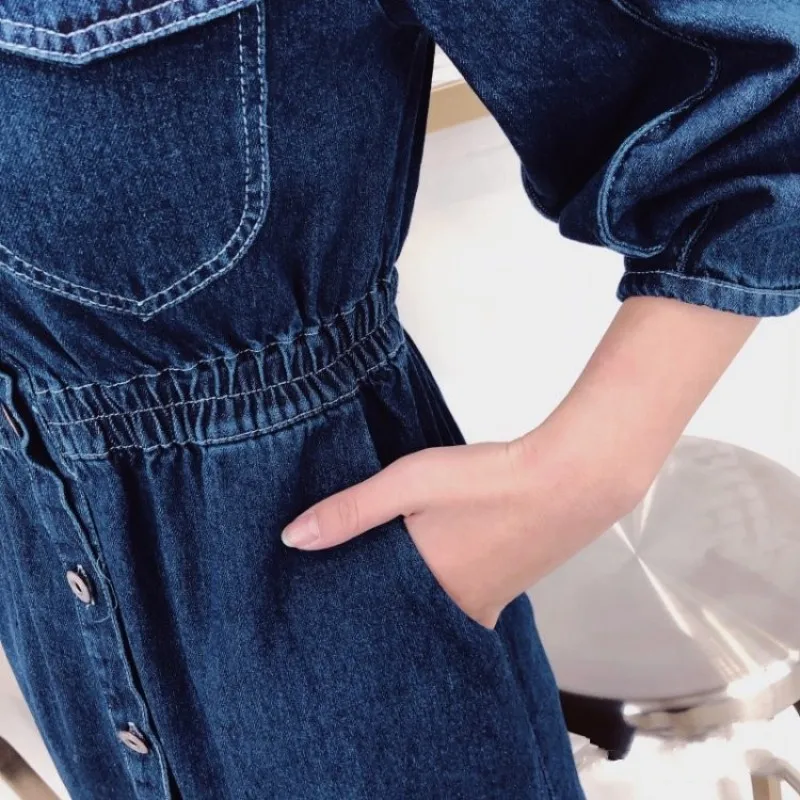 

Women Denim Dress Autumn New Elastic Waist Fashion Elegant Lantern Sleeve High Waist Dress Casual Single Breasted Midi Dress 5XL